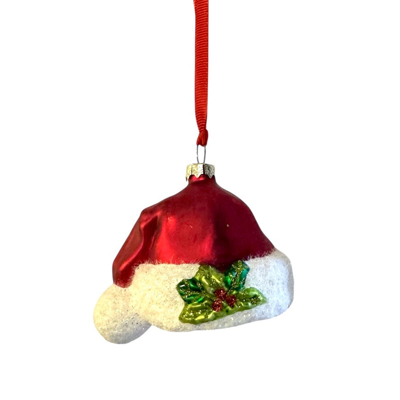 Santa Hat with Holly Glass Christmas Ornament