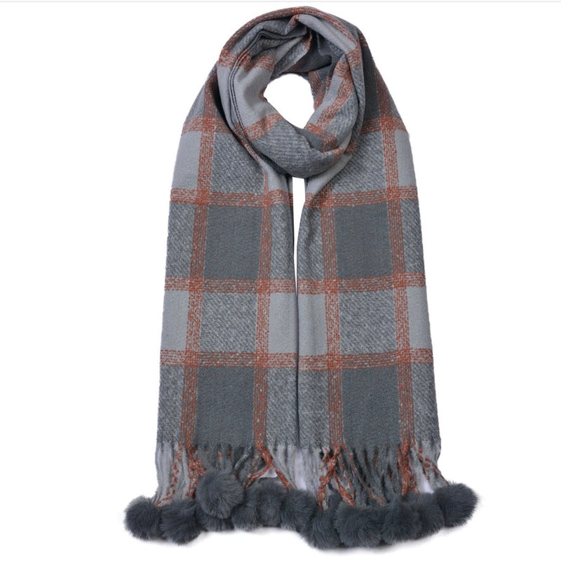 Cashmere Blend Check Scarf with Pom Poms - Grey