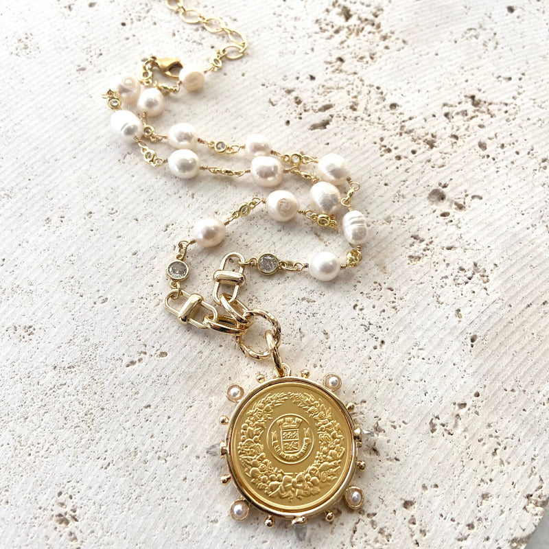 Gold Coin with Pearls Necklace