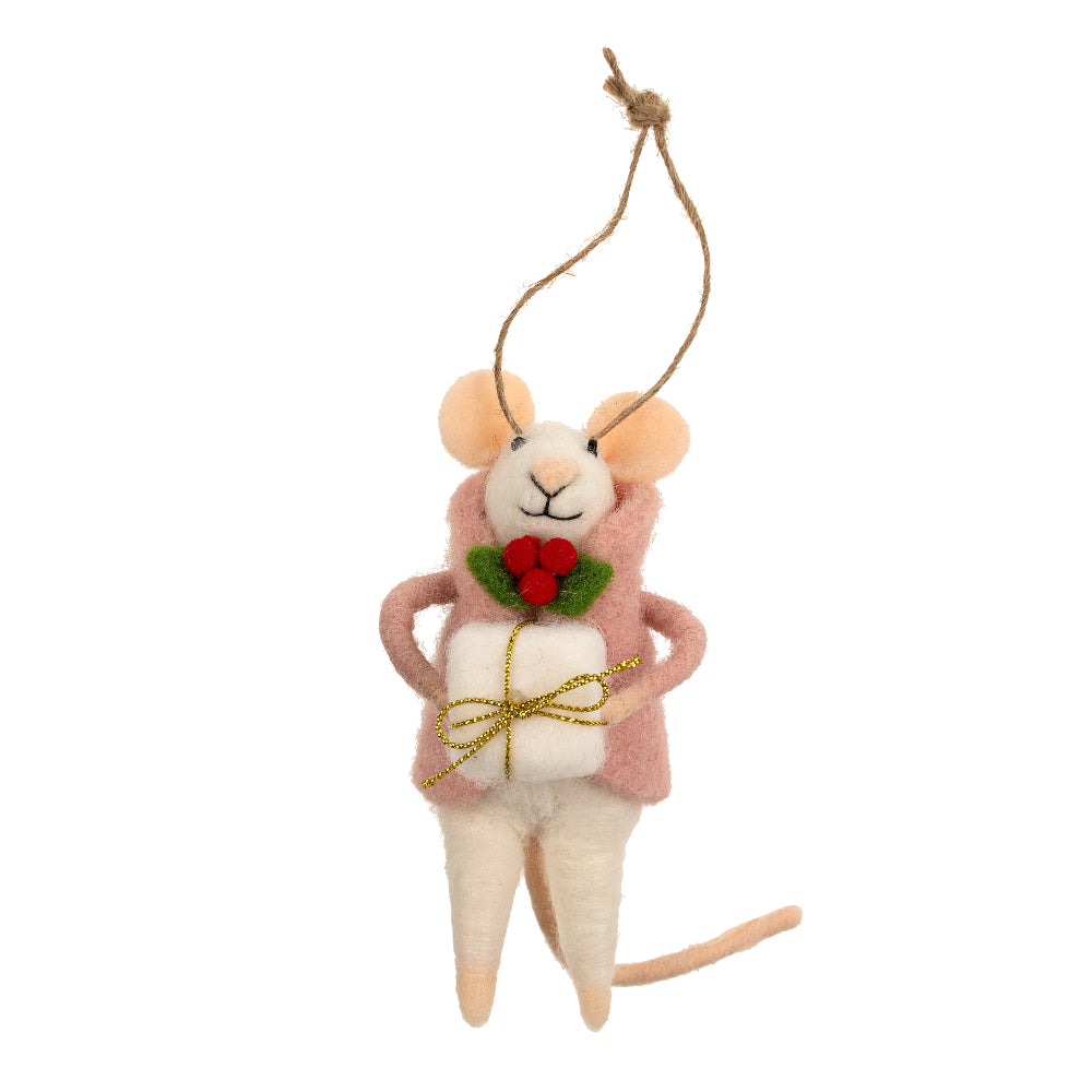 "Gifting Grace" Felted Mouse Ornament | Putti Christmas Decorations 