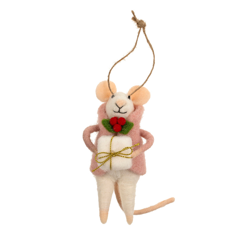 "Gifting Grace" Felted Mouse Ornament | Putti Christmas Decorations 