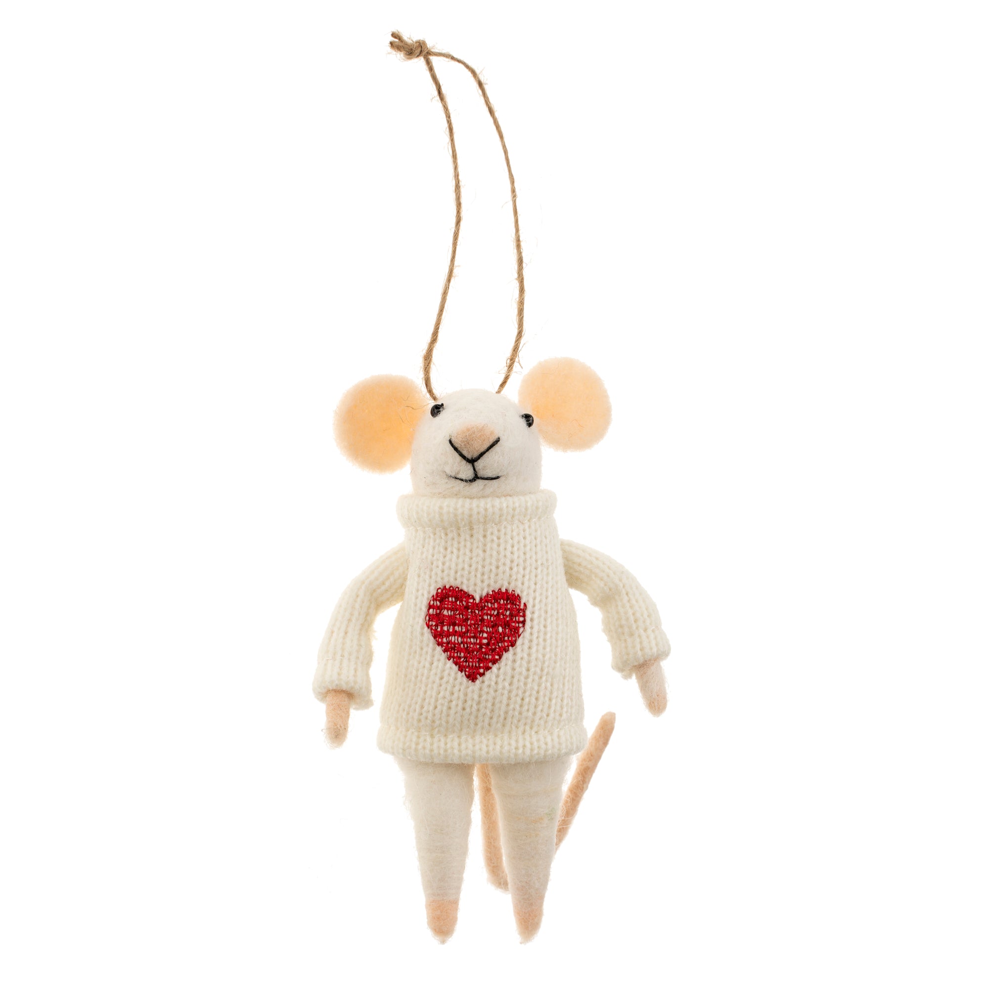 "Happy Heart" Felted Mouse Ornament  | Putti Christmas Decorations 