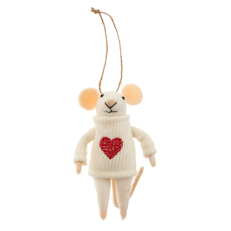 "Happy Heart" Felted Mouse Ornament  | Putti Christmas Decorations 