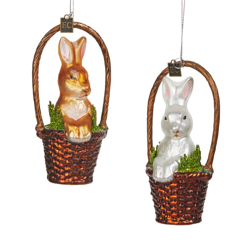 Basket with White Bunny Glass Ornament