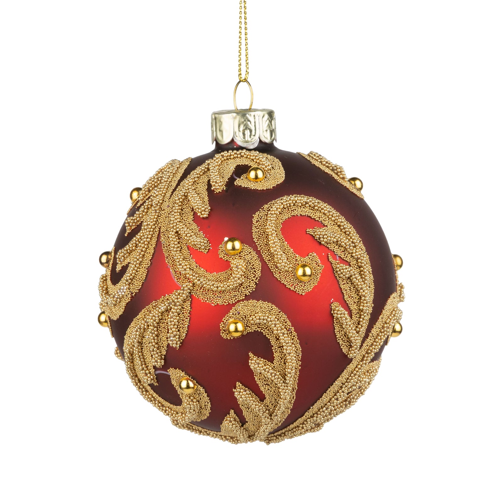 Matte Red with Gold Bead Branch Glass Ball Ornament