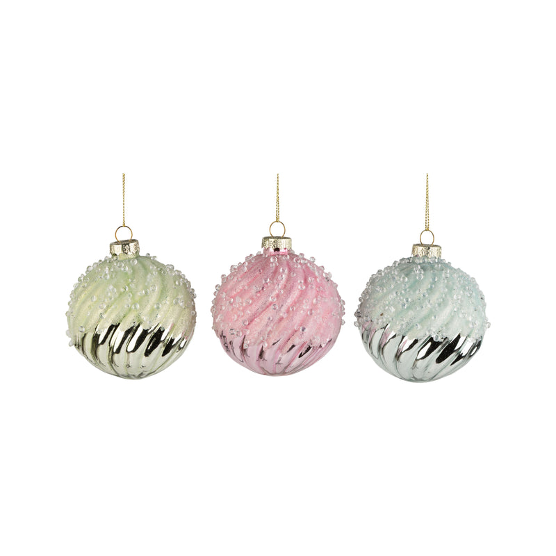 Swirl Molded Glass Ball Ornament with Frosted Beads Top - Light Blue  | Putti 