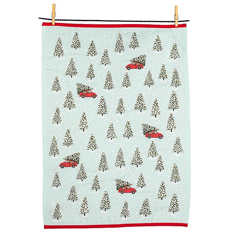 Red Cars & Trees Tea Towel | Putti Christmas Decor Canada 