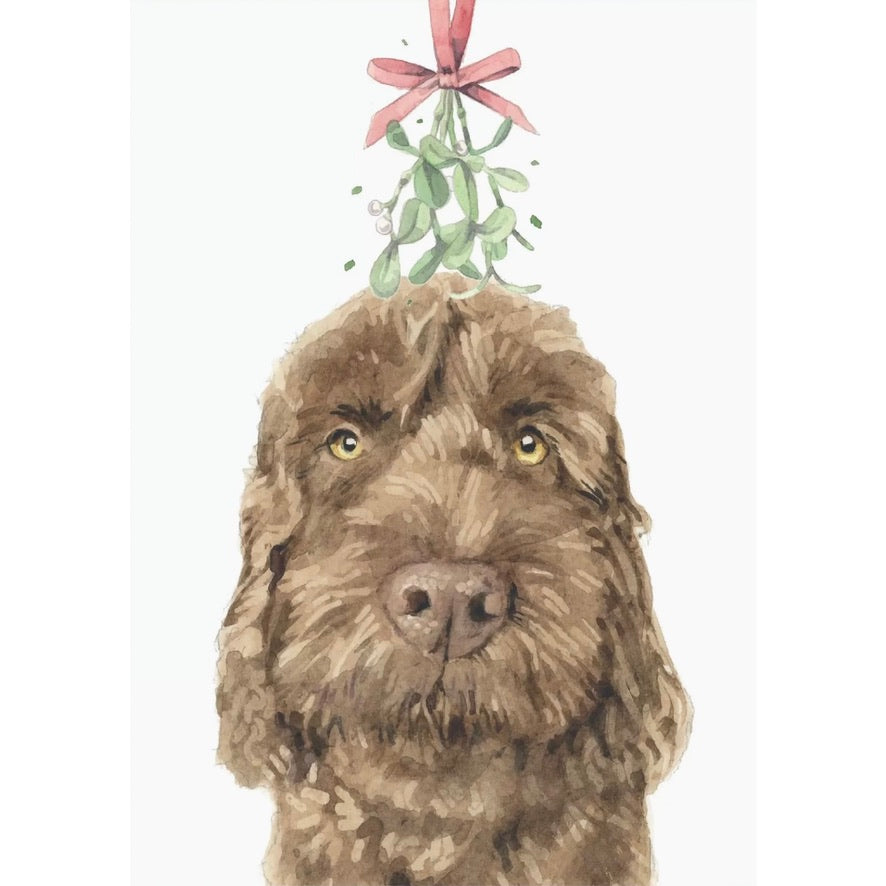 Chocolate Cockapoo with Mistletoe Christmas Greeting Card | Putti Christmas 