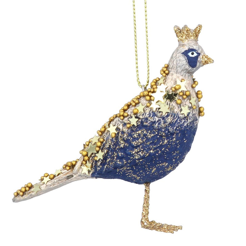 Small Blue and Gold Partridge Resin Ornament | Putti Christmas Decorations 
