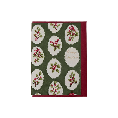 Hand Block Printed Greeting Card - Scallop Tiles Holly Green