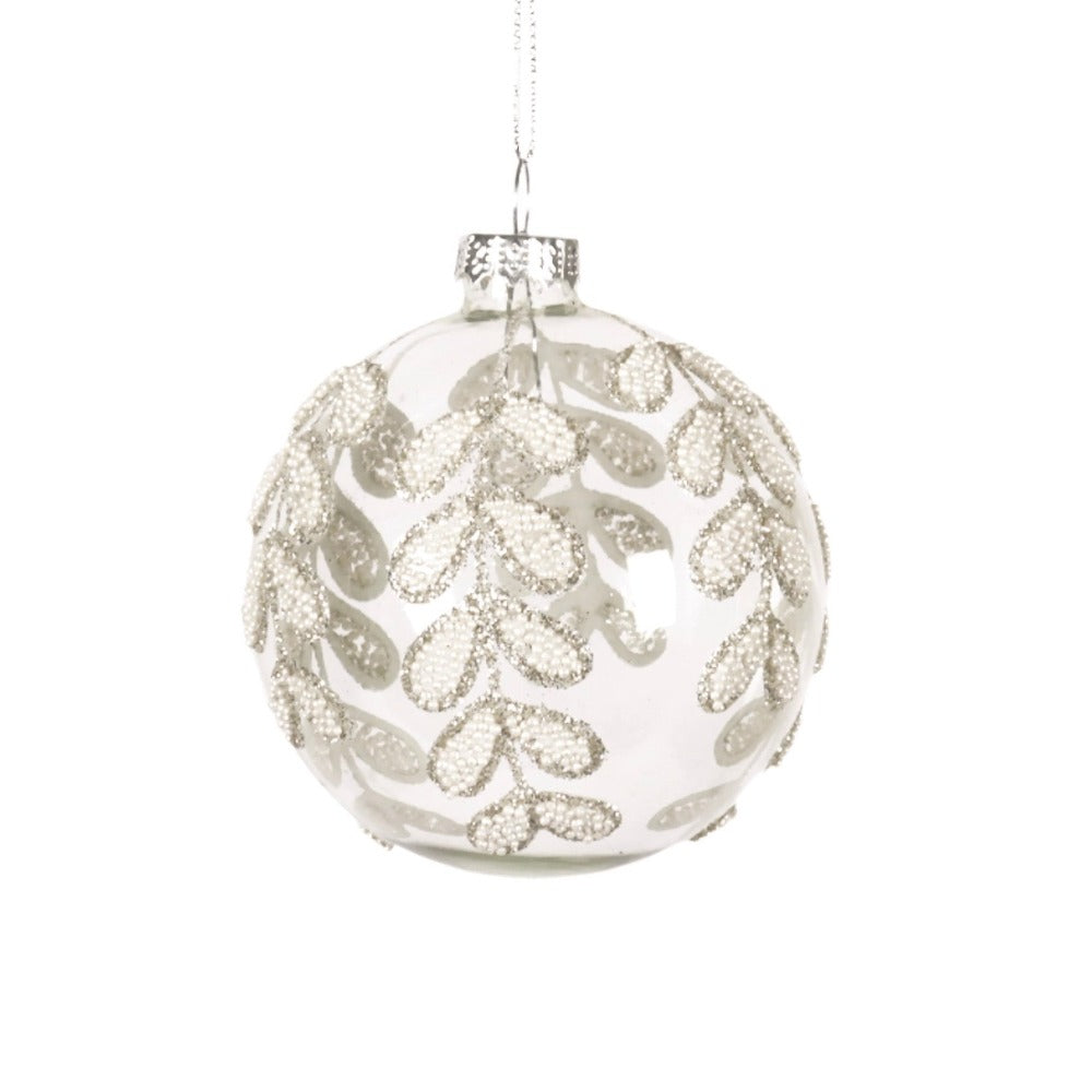 Clear with White Beaded Leaf Drops Glass Ball Ornament  | Putti Christmas Decorations 