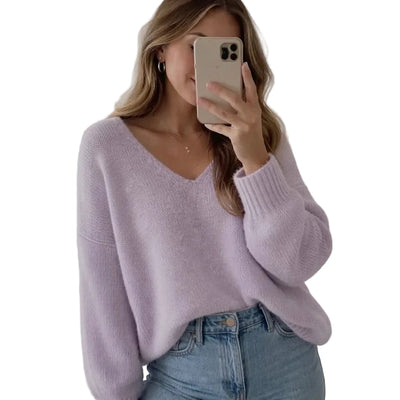 Mohair Blend V-Neck Sweater  - Pale Lilac