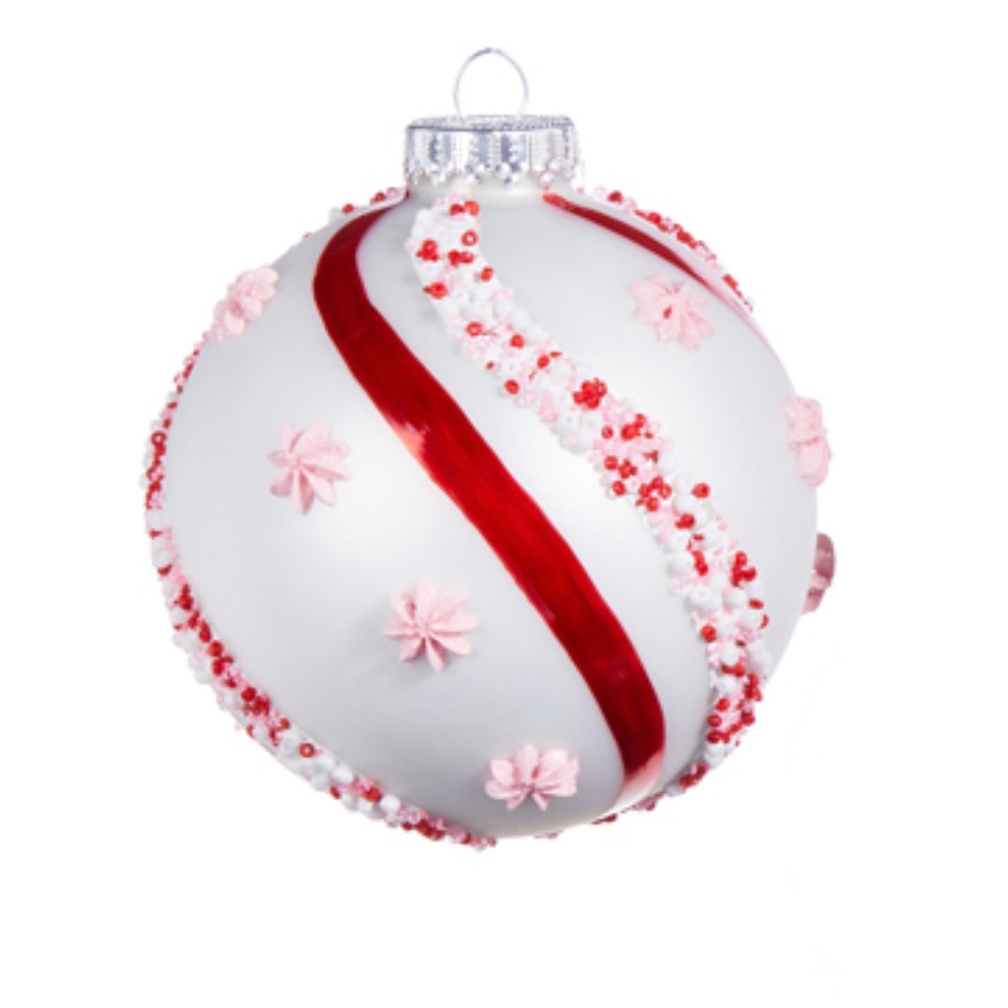 Beaded Peppermint Swirl Glass Ball Ornament