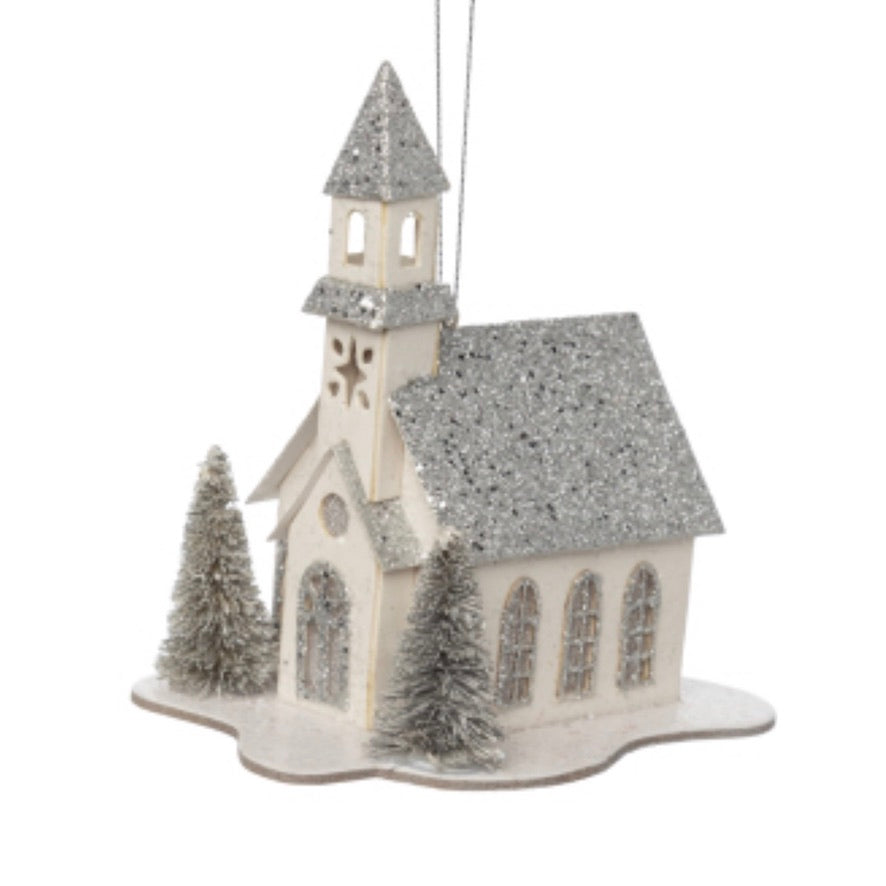 Silver Glittered Paper Church Ornament