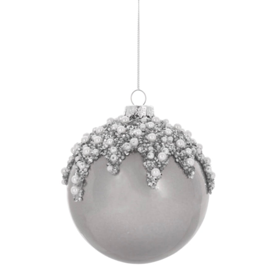 Glossy Grey Grey with Pearls Glass Ball Ornament | Putti Christmas Decorations 