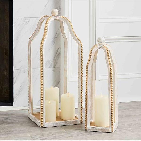 Gold Beaded Wood Lantern  | Putti Fine Furnishings Canada 