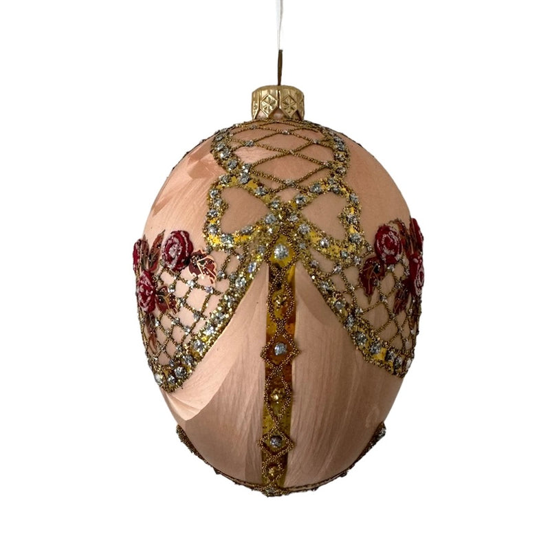 Peach with Rose Trellis European Glass Egg Ornament  | Putti Christmas 