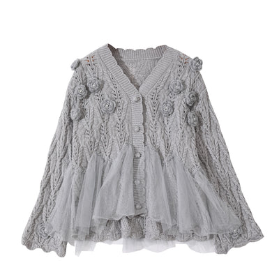 Knitted Cardigan with Lace Detail - Grey
