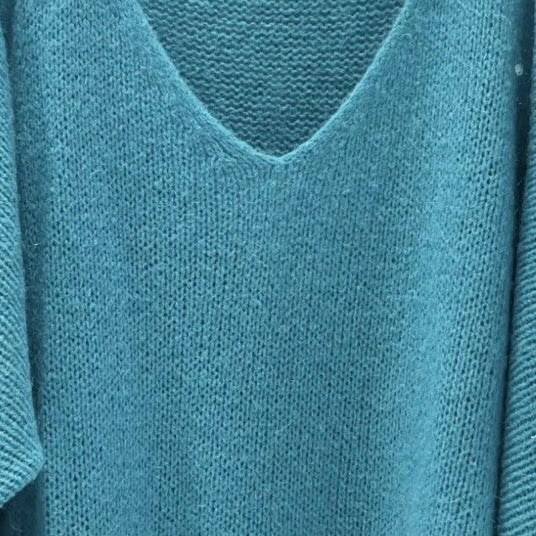 Mohair Blend V-Neck Sweater  - Aqua - Putti Fine Furnishings