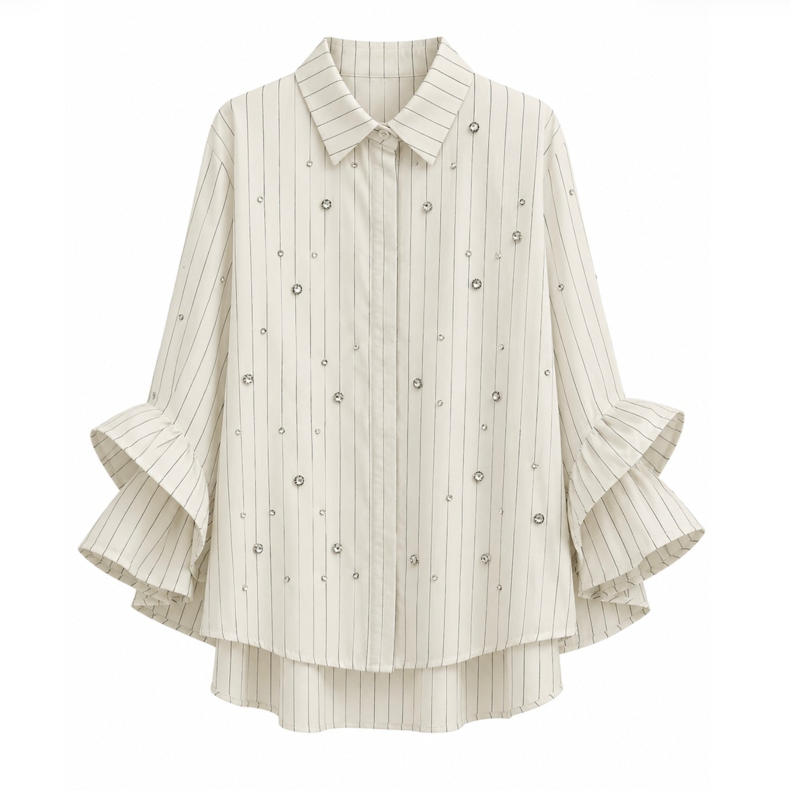 Frill Sleeve White Pin Stripe Shirt with Diamate