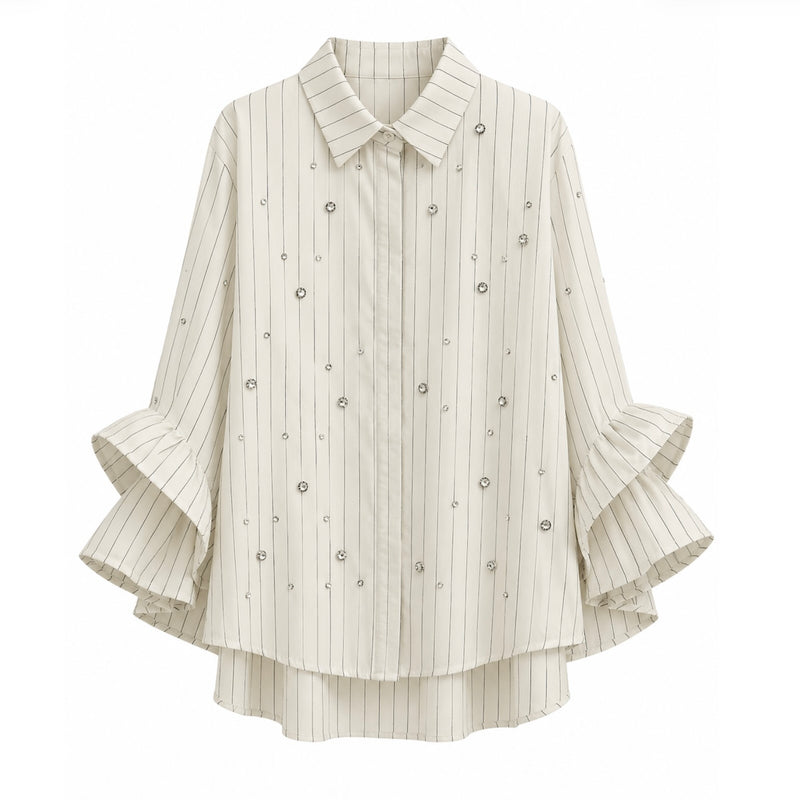 Frill Sleeve White Pin Stripe Shirt with Diamate