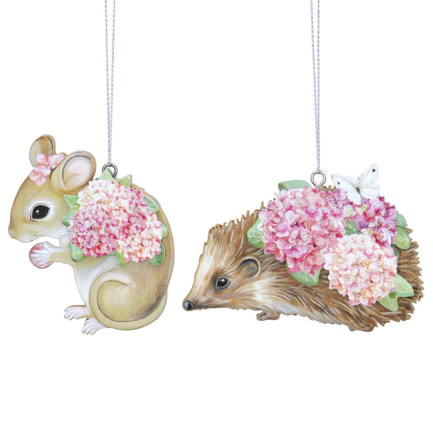 Mouse with Pink Hydrangea Wood Ornament