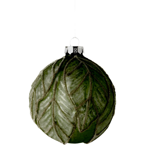 Sage Green Leaf Embossed Glass Ball Ornament