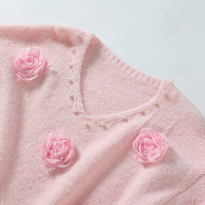 Sweater with Floral Embellishments - Pink