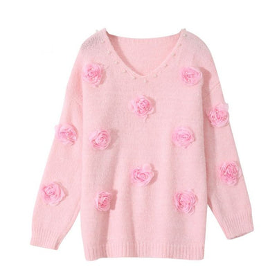 Sweater with Floral Embellishments - Pink