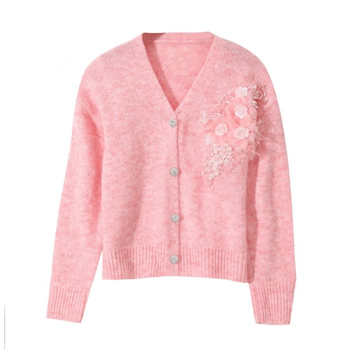 Delicate Floral Accent V-Neck Cardigan - Pink