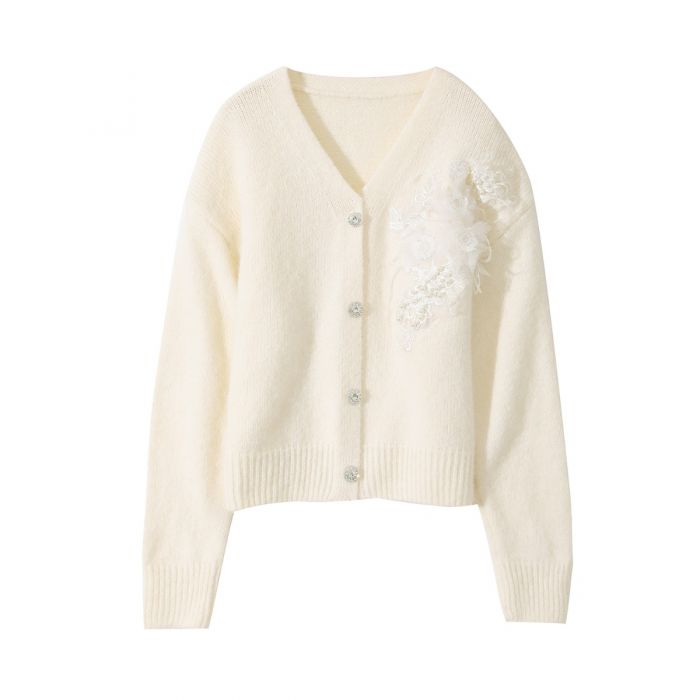 Delicate Floral Accent V-Neck Cardigan - Ivory