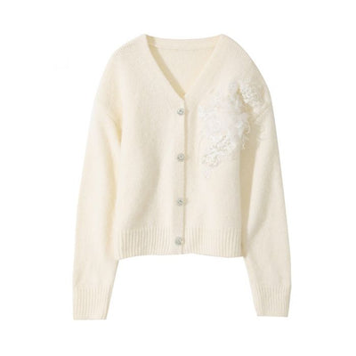 Delicate Floral Accent V-Neck Cardigan - Ivory