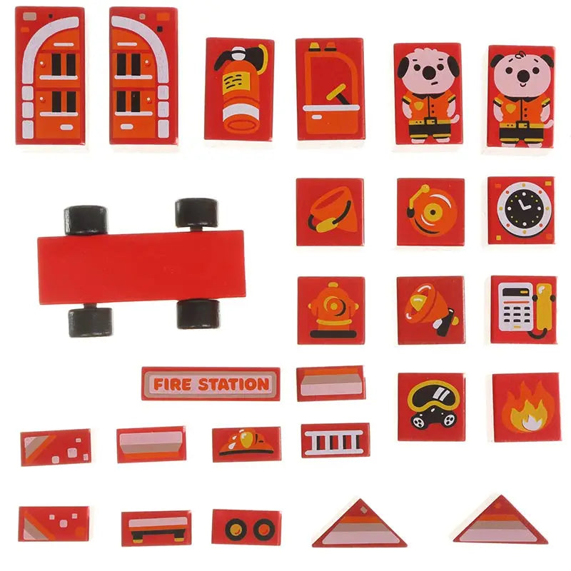 Wooden Building Blocks Playset Fire Station - 34 pieces | Le Petite Putti 