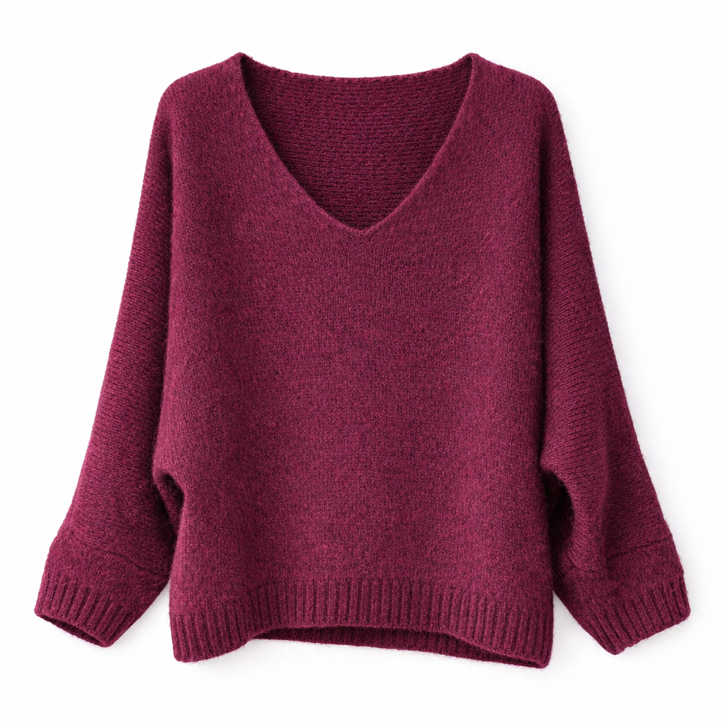 Mohair Blend V-Neck Sweater  - Deep Raspberry - Putti Fine Furnishings