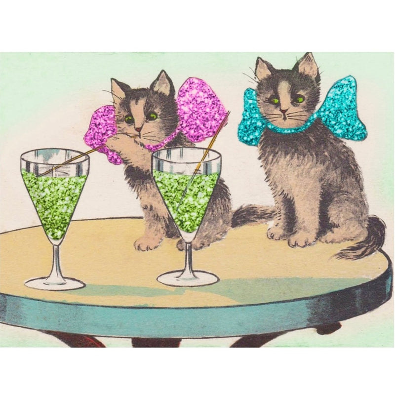 Cats with Cocktails Glittered Little Vintage Greeting Card