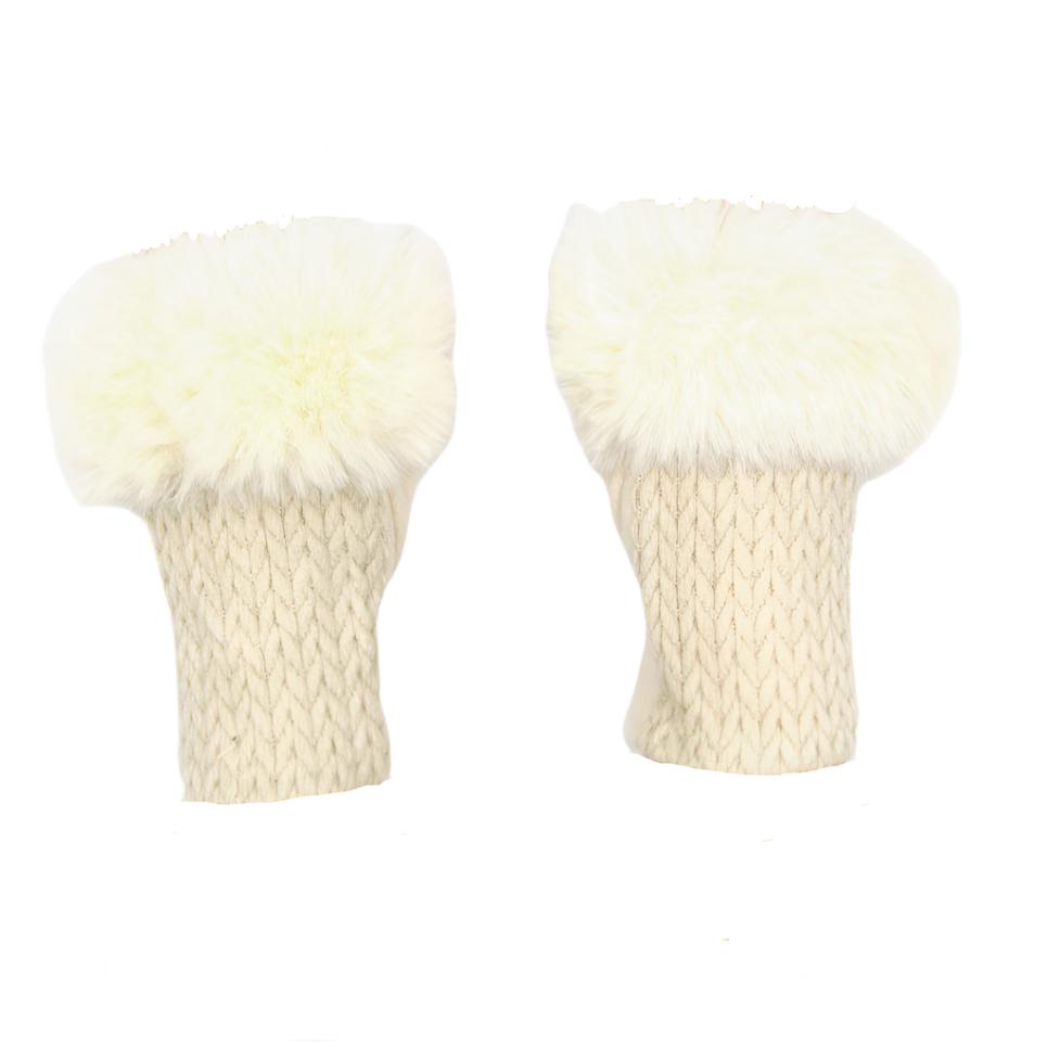 Cashmere Blend Fur Trimmed Fingerless Gloves - Cream