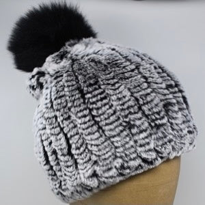 Knit Fur Hat with Pom Pom - Black Snow