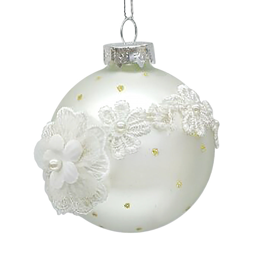 Matte White with Lace Floral Glass Ball Ornament