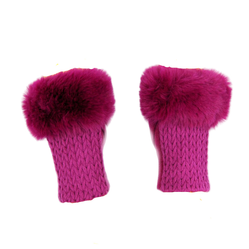 Cashmere Blend Fur Trimmed Fingerless Gloves - Magenta