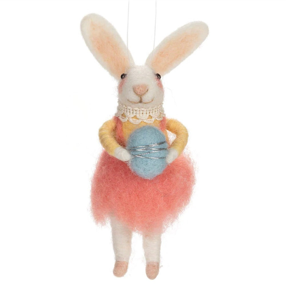Rabbit in Coral Pink Dress Felted Ornament