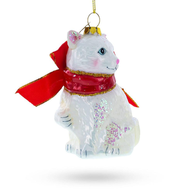 Elegant White Persian Cat Glass Christmas Ornament | Putti Christmas Ornaments 