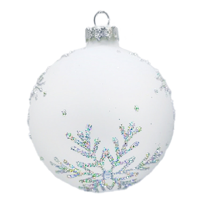 Matte White with Snowflakes Glass Ball Ornament | Putti Christmas Decorations 