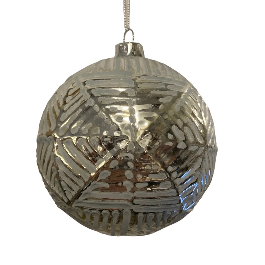Ice Blue Grey Geometric Embossed Silver Glass Ball Ornament