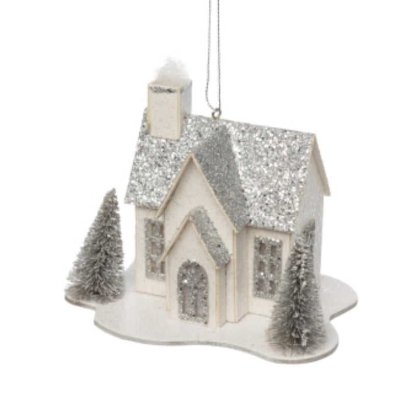 Silver Glittered Paper House Ornament with LED