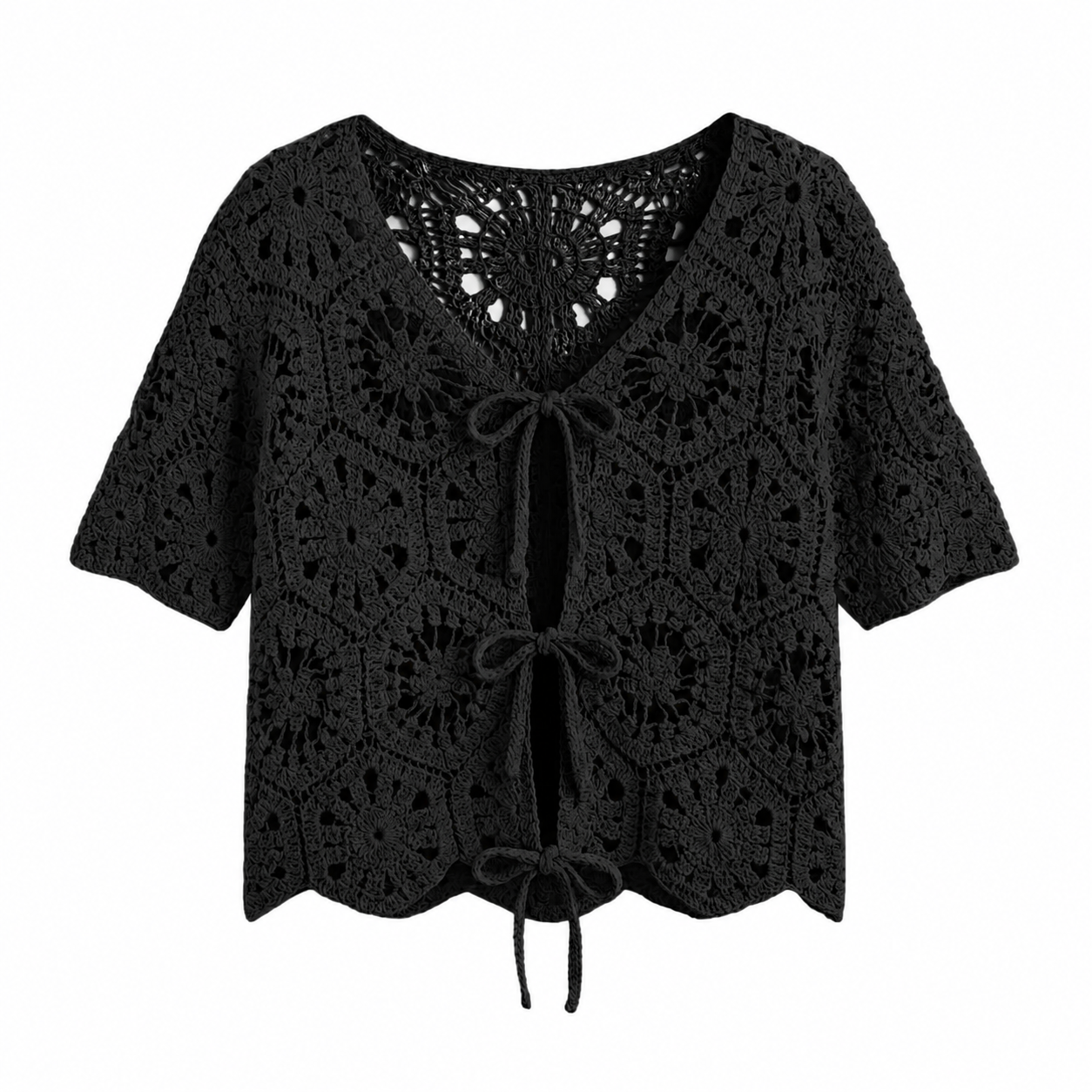 Crochet Short Sleeve Cardigan - Black