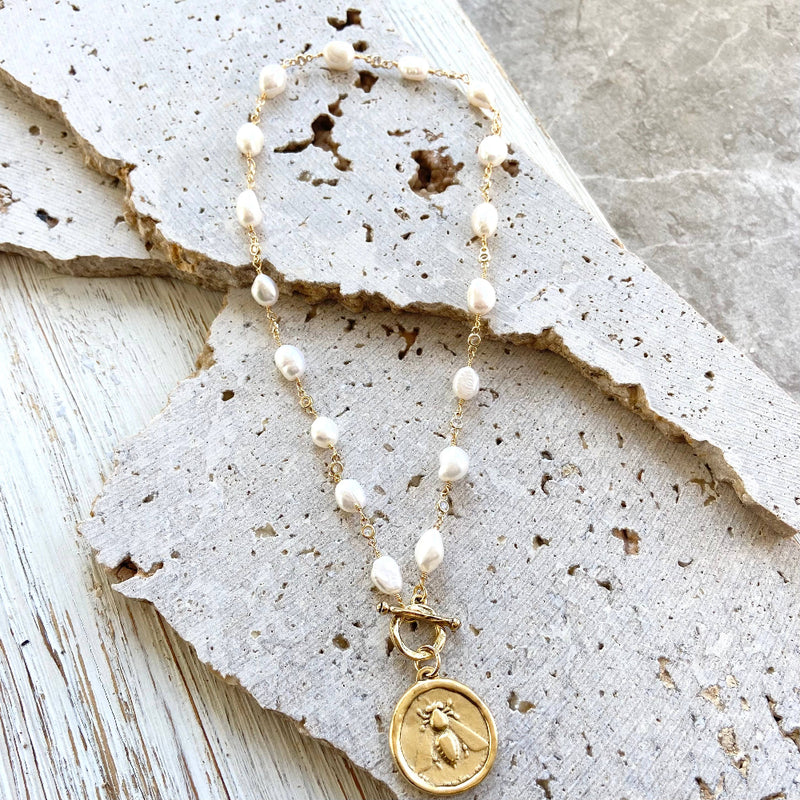 Queen Bee Coin Pearl Necklace