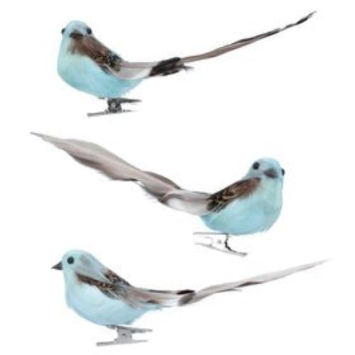 Pale Blue and Natural Feather Bird with Clip | Putti Christmas Decorations 