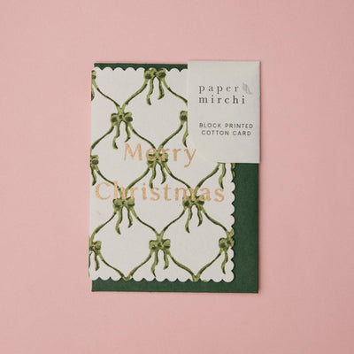 Hand Block Printed Greeting Card - Bows Holly Green