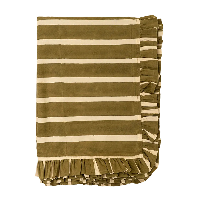Block Print Stripe Ruffle Tablecloth, Olive