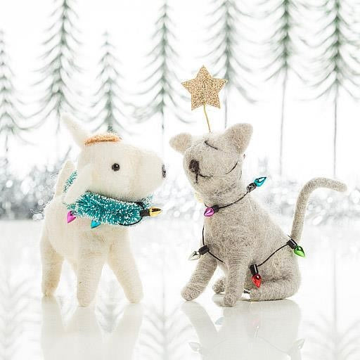 Sitting Cat with Lights Felted Ornament  | Putti Fine Furnishings Canada 